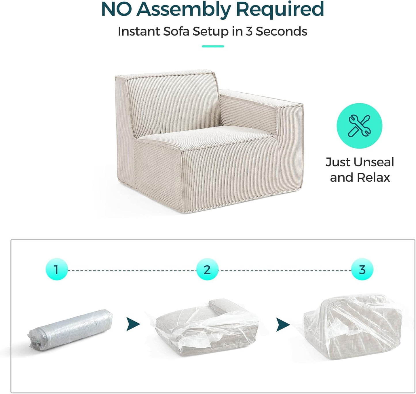 LINSY HOME Modular Sectional Sofa, 105" Boneless Couch L Shaped 3-Seat Sofa with Movable Ottoman, Corduroy Sectional Cloud Couches for Living Room, No Assembly Required, Beige