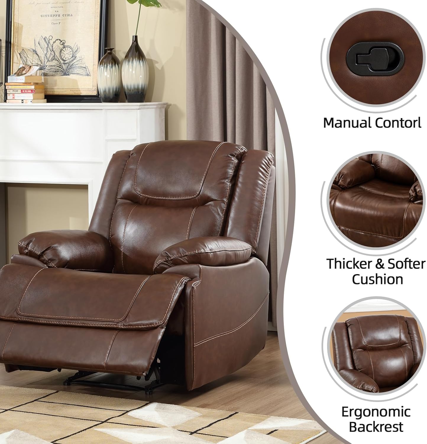 EBELLO Genuine Leather Manual Recliner Chair, Reclining Sofa Chair Couch for Living Room, Bedroom Furniture, Meeting Room, Brown