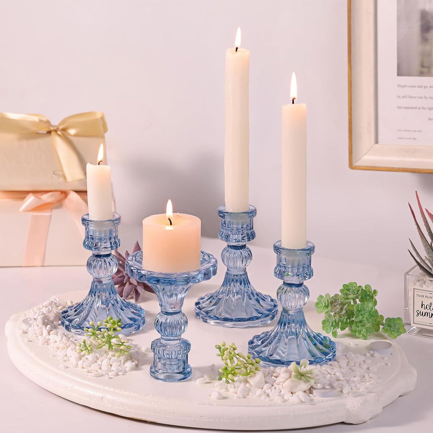 12PCS Blue Candlestick Holders Set- 4" H Taper Candle Holders, Glass Candle Holders Bulk for Wedding, Party, Home Table Centerpieces, Festival Gifts & Windowsill Decor