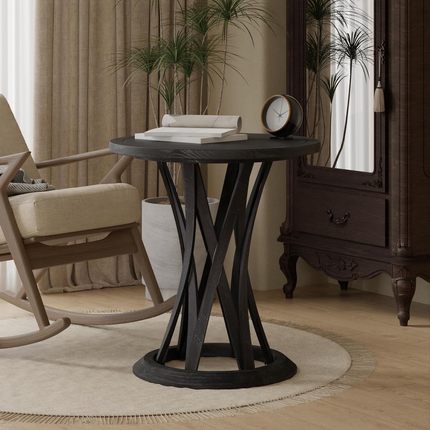 Round Farmhouse End Table with Crisscross Pedestal Base, Distressed Finish Side Table Rustic Accent Table for Living Room, Pine Wood, Black