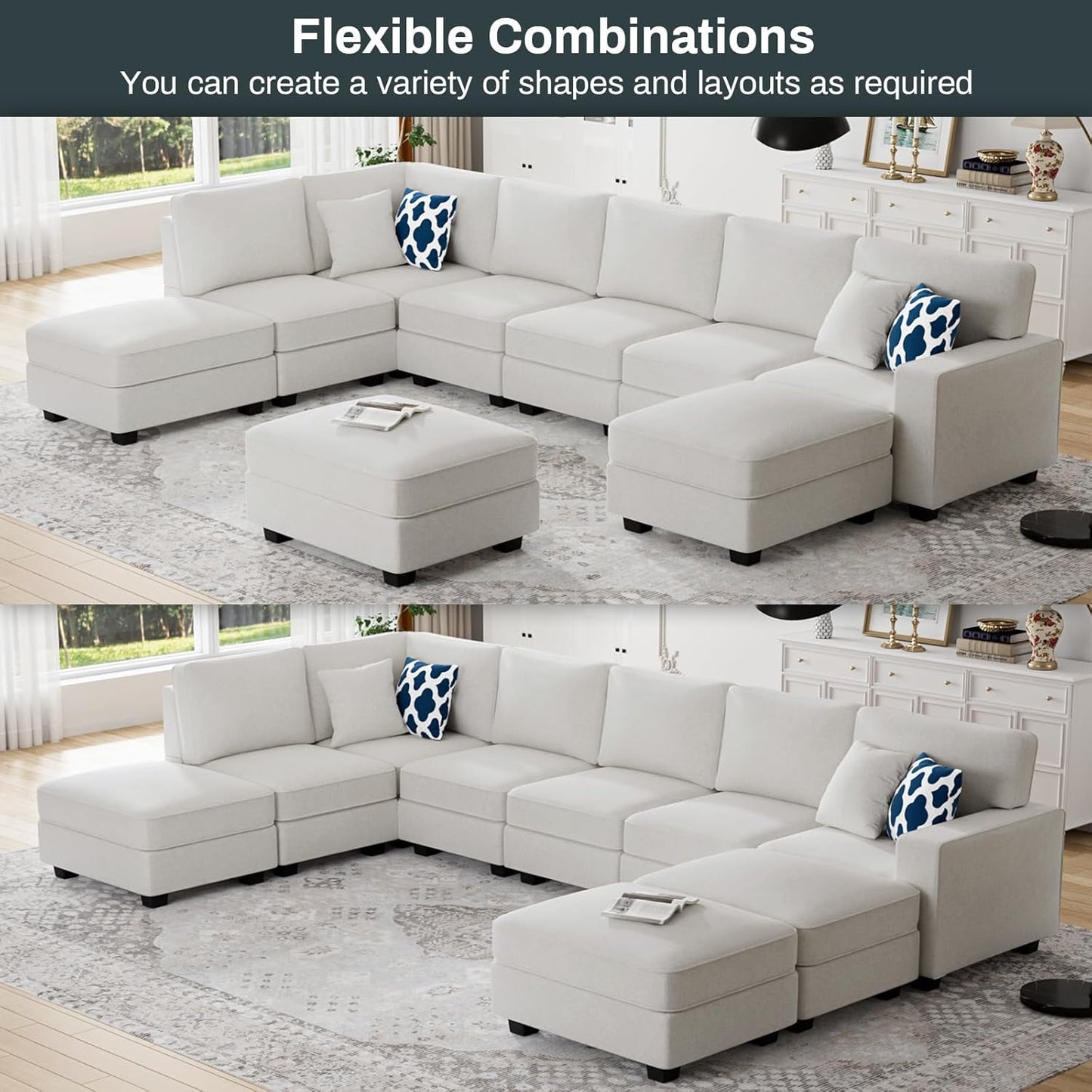 L Lengend Vansen Modular Sectional Sofa U Shaped Couch with Ottoman Modern Reversible Corner Sectional Couch for Living Room (Cream, U Shaped Sofa-4)