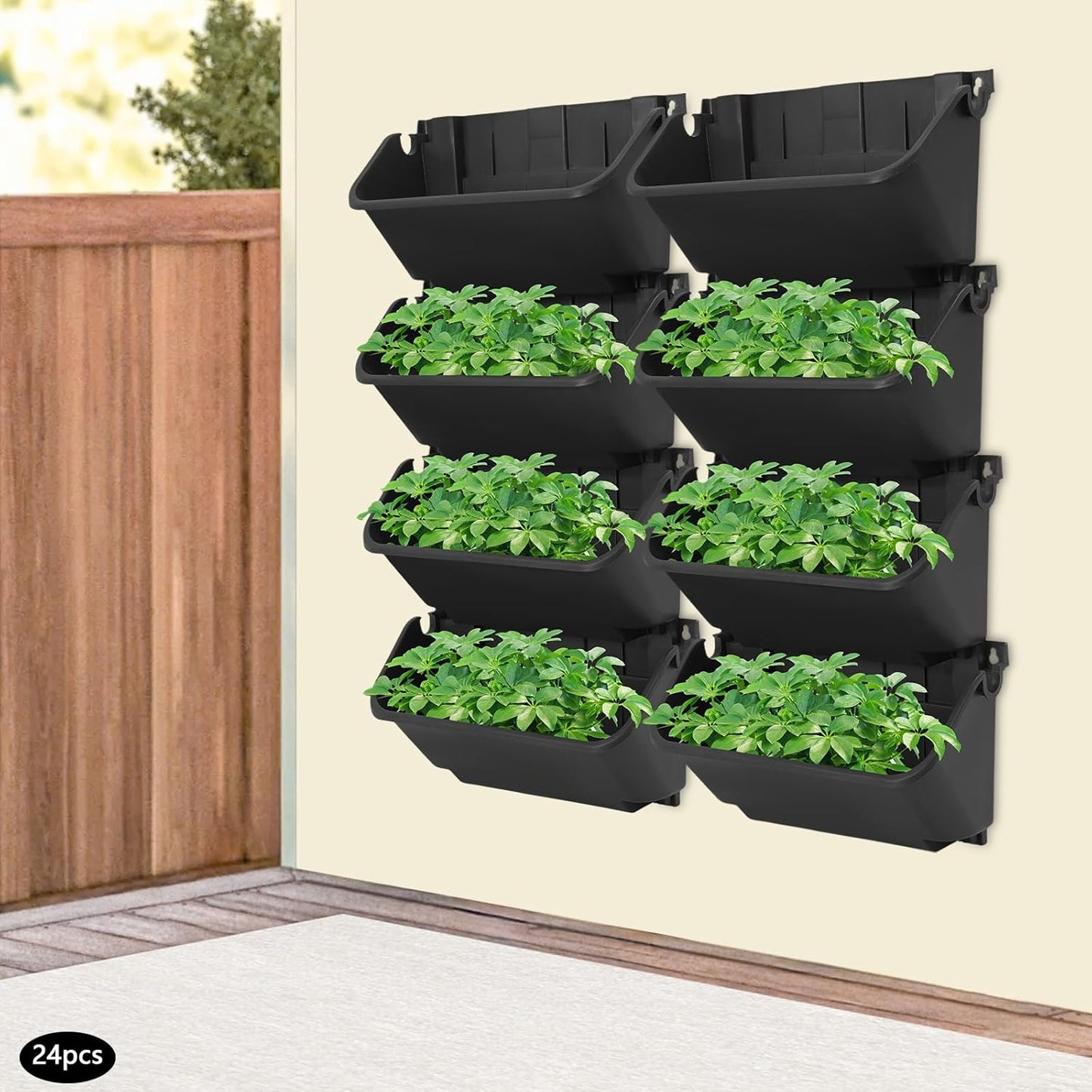 24PCS Vertical Wall Planter, 13 inch Wall Mounted Garden Planters, Plastic Wall Hanging Planter with Drainage Holes, Wall Planters for Patio Outdoor Decor, Balcony Plant Hanging Flowerpot (Black)