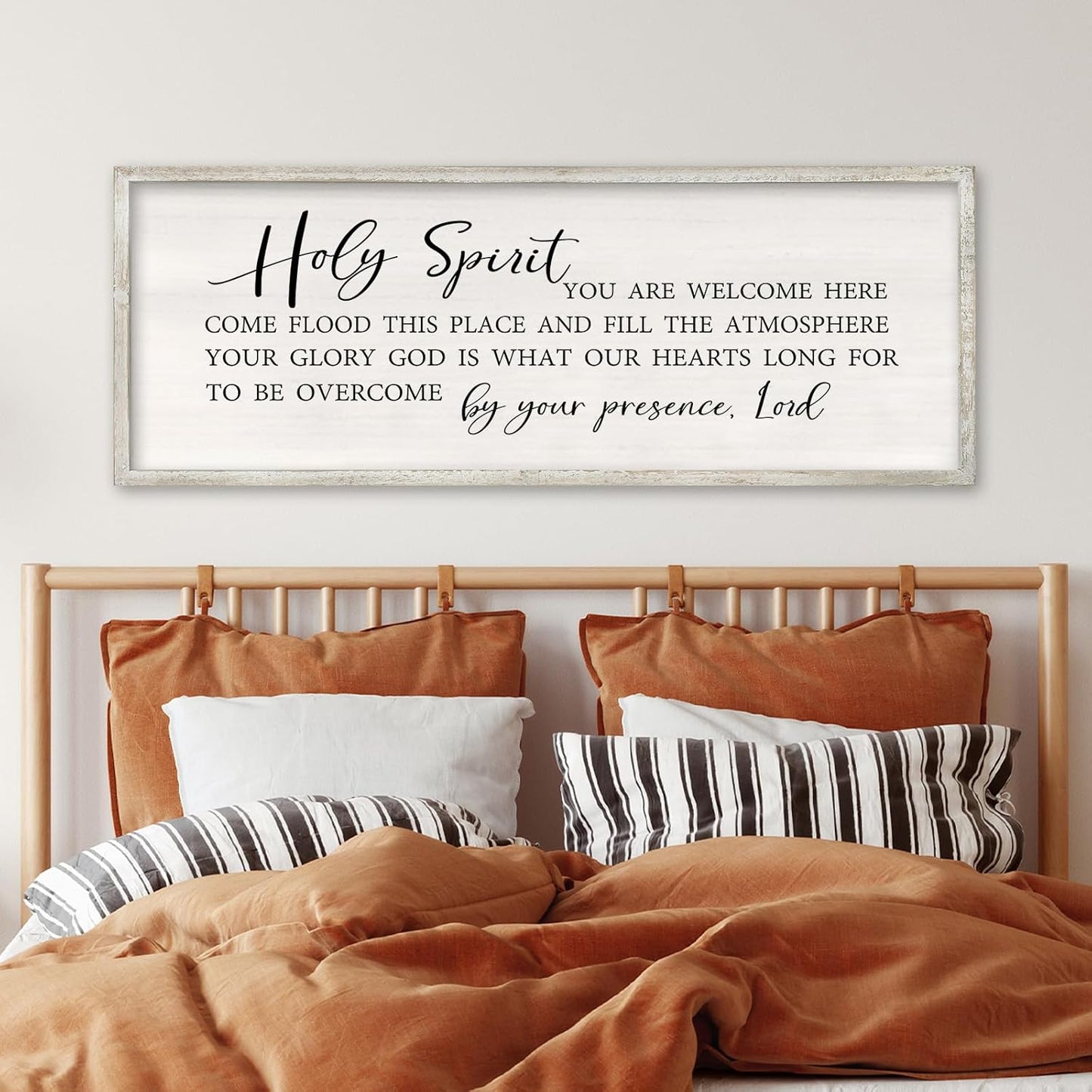 Holy Spirit You are Welcome Here Wall Decor Art 32x12 Inch Large Christian Song Bible Verse Plaque Wood Framed Sign Living Room Scripture Quote Religious For Office Wall Hanging (White)