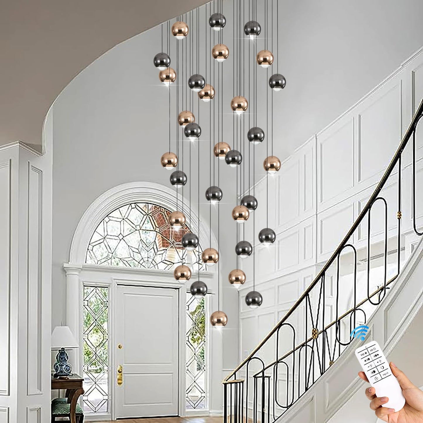 Farmhouse Crystal Chandelier, Luxury Hanging Lights High Ceiling Pendant Lighting for Foyer Staircase 32 Lights Black and Gold Dimmable 2700k-6000k