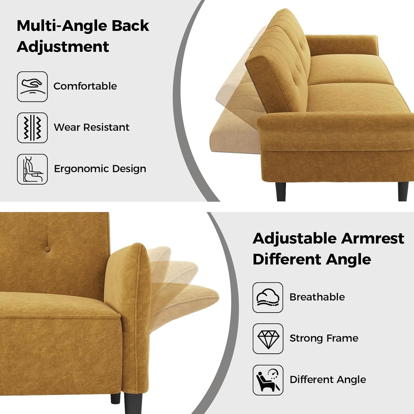 89” Futon Sofa Bed,Comfy Futon Couch Bed with 2 Square Pillows, Convertible Sleeper Sofa with Adjustable Backrest& Armrests, Modern Loveseat Sleeper for Living Room, Bedroom, Yellow