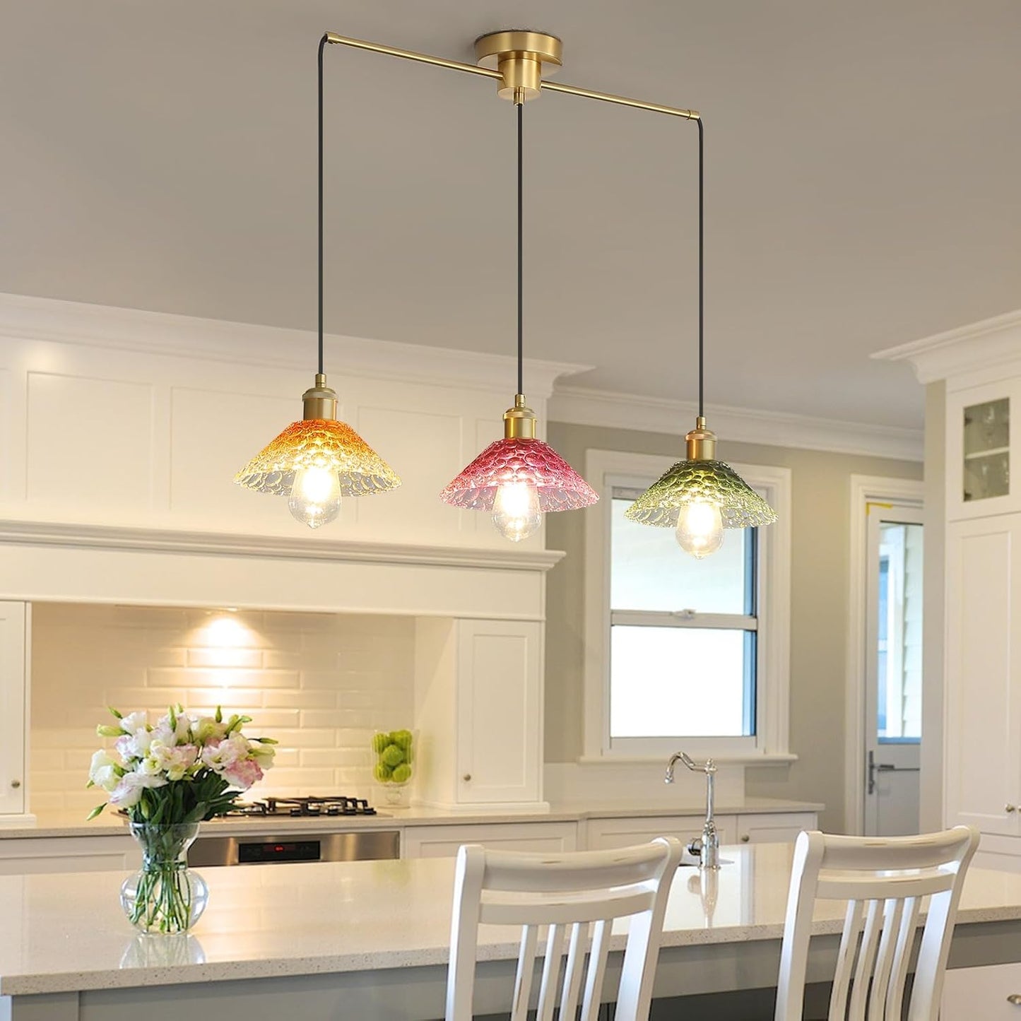 3-Light Pendant Lights Kitchen Island, Ceiling Hanging Lighting Fixtures, Colorful Vintage Glass Shade Pendants, Modern Gold Dining Room Chandeliers Height Adjustable for Farmhouse Living Room