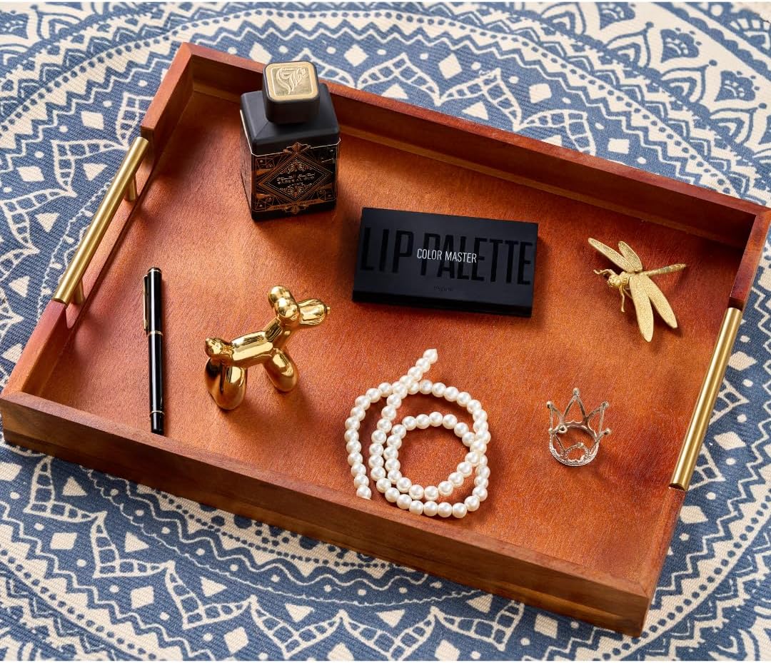 Premium Acacia Wood Ottoman Tray, 17x13 inches Large Serving Tray, Decorative Coffee Table Tray with Metal Handles, Ideal for Breakfast in Bed, Appetizers, Kitchen & Living Room Decor