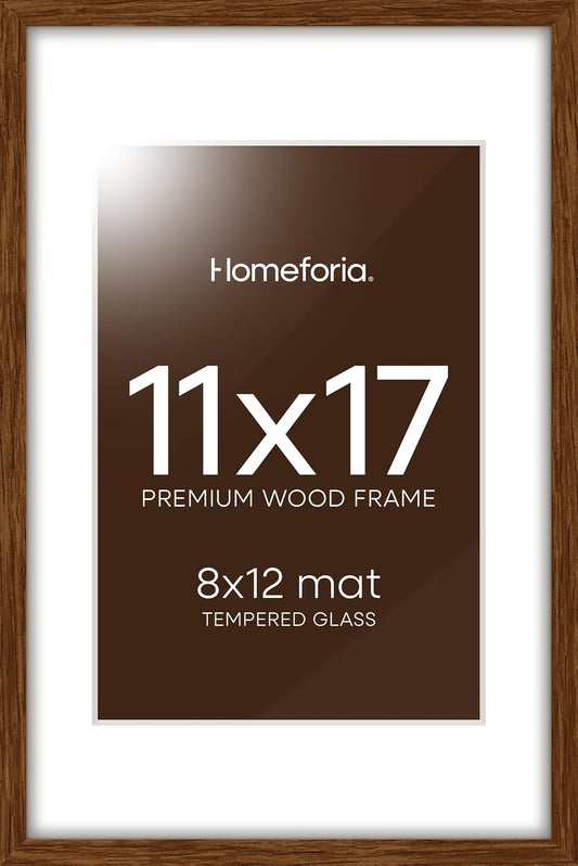 Homeforia 11x17 Brown Picture Frame, High End Dark Oak 11x17 Poster Wood Frame with Mat 8x12 Print, 11 x 17 Wooden Walnut Frame Matted to 8 x 12 Photo, 17x11 Frames, Tempered Glass, Wall Kit, Set of 1