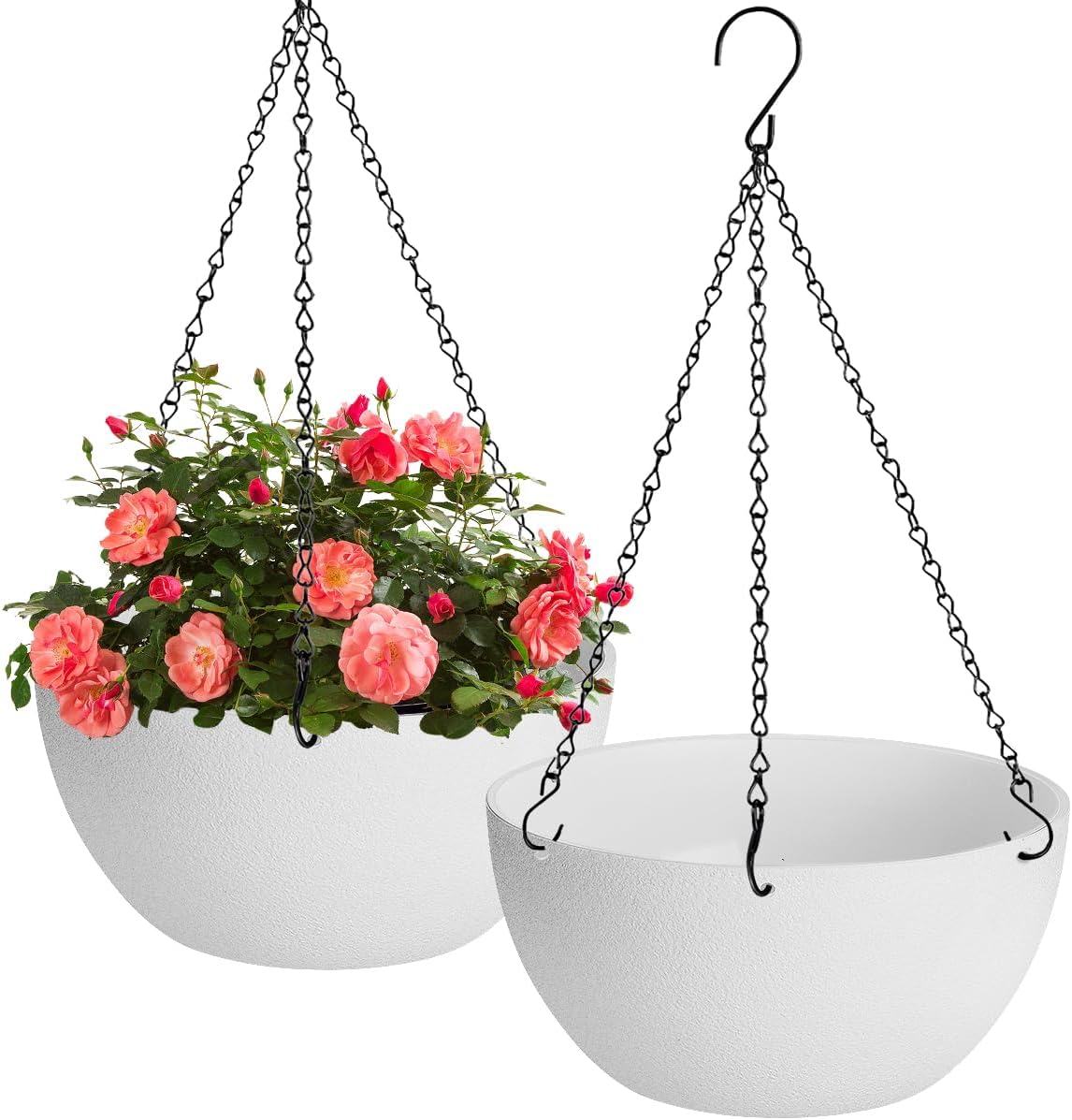 13 inch Hanging Planters for Indoor Plants, 2 Pack Planters for Outdoor Plants with Drainage Holes and Chain, Round Plastic Hanging Baskets, Hanging Flower Pots for Balcony Garden Decor-White