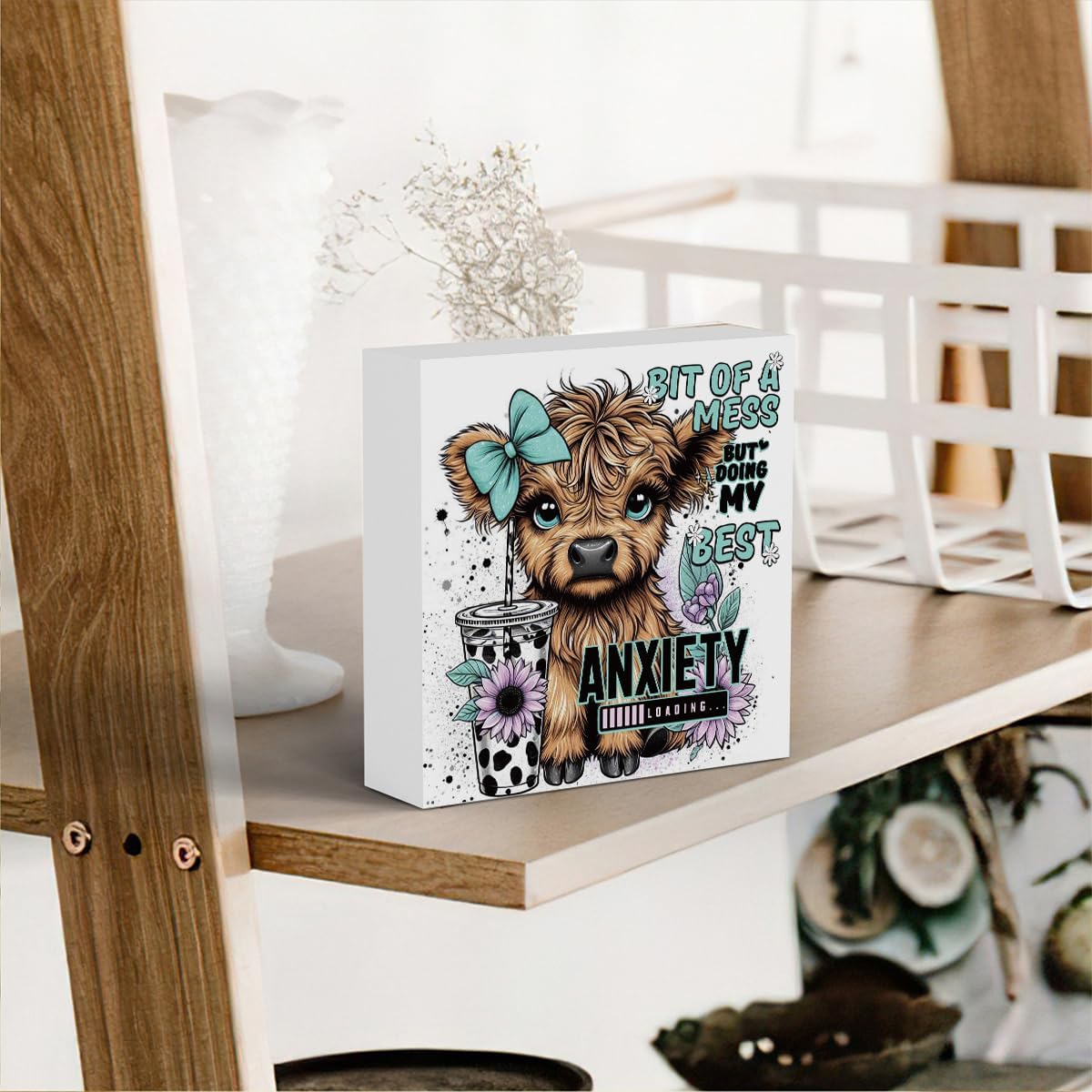 Highland Cow Western Sunflower Decor, Highland Cow Gifts for women, Highland Cow Baby Decor, Highland Cow Nursery Decor, Wooden Box Decor Sign for Home Farmhouse Office Living Room Table Shelf Tiered