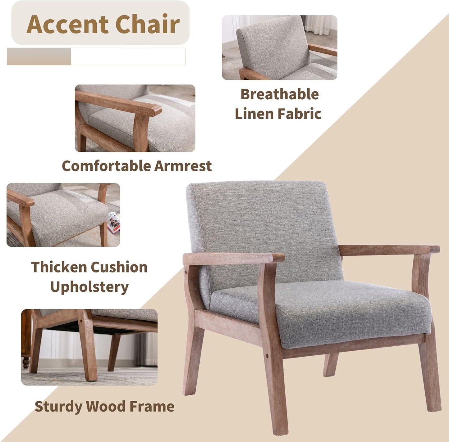 HNY Mid Century Modern Accent Chairs Set of 2 with Wood Frames, Linen Upholstered Living Room Arm Chairs for Living Room, Bedroom, Grey