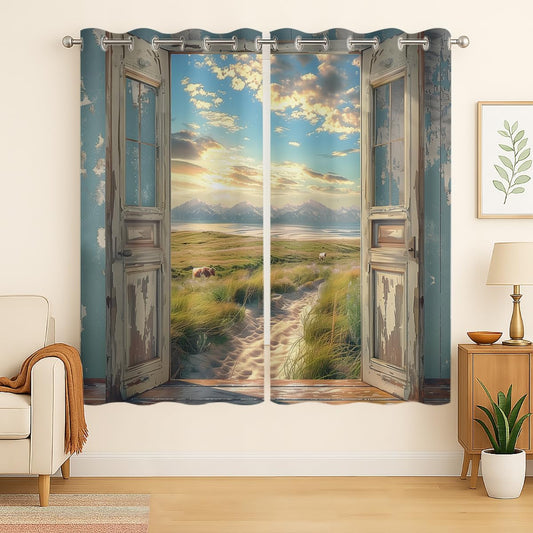 Landscape Blackout Curtains for Girls Boys Home Decor, Cow Sunset Grassland Mountain Natural Scenery Grommet Thermal Insulated Drapes Darkening Window Curtain for Bedroom Living Room, 63 x 63 Inch