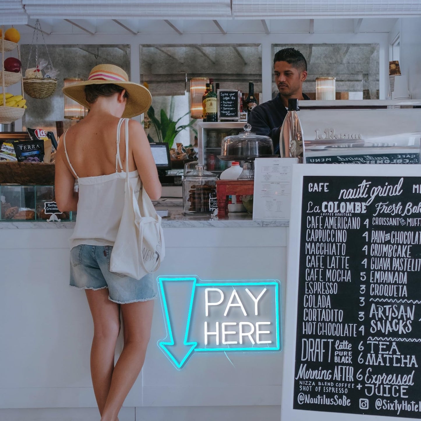 Pay Here Neon Sign Bright Ice Blue White Pay Light Up Sign for Business Decor Dimmable LED Words Neon Light for Restaurant Shop Bar Neon Wall Decor (16.5 * 12.8 In)