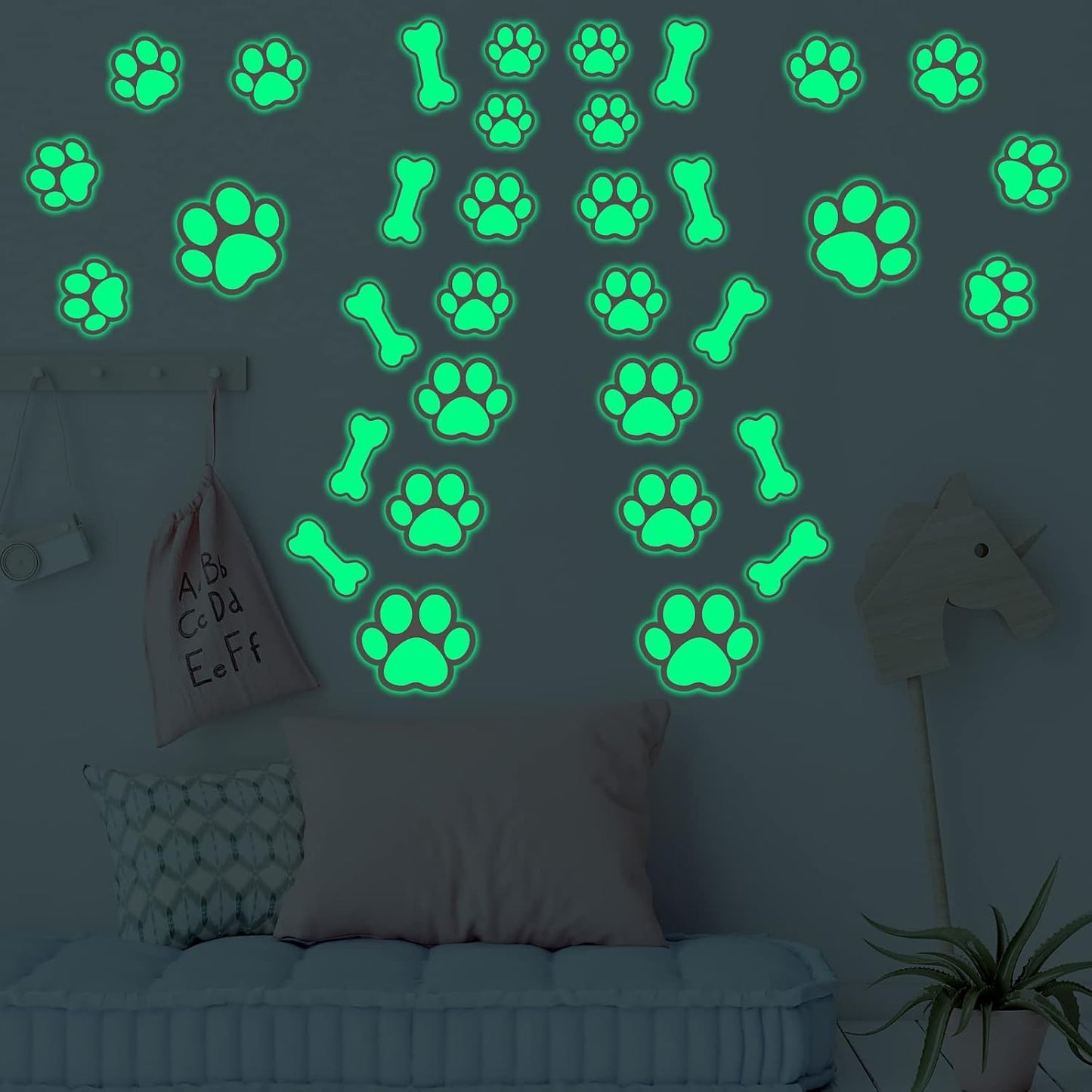 127 Glow in The Dark Dog Paw Stickers Luminous Removable Vinyl Wall Decals for Kids Nursery Bedroom(Green Light)