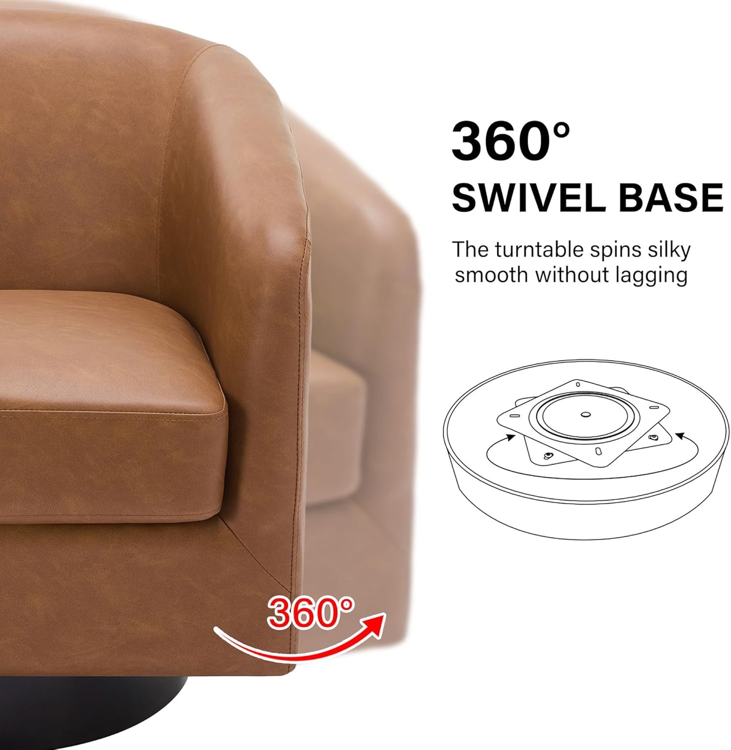 Swivel Barrel Accent Chair, Modern Round Faux Leather Arm Chair for Living Room, Bedroom, Comfy Club Reading Chairs for Adults, Faux Leather Brown, Set of 2