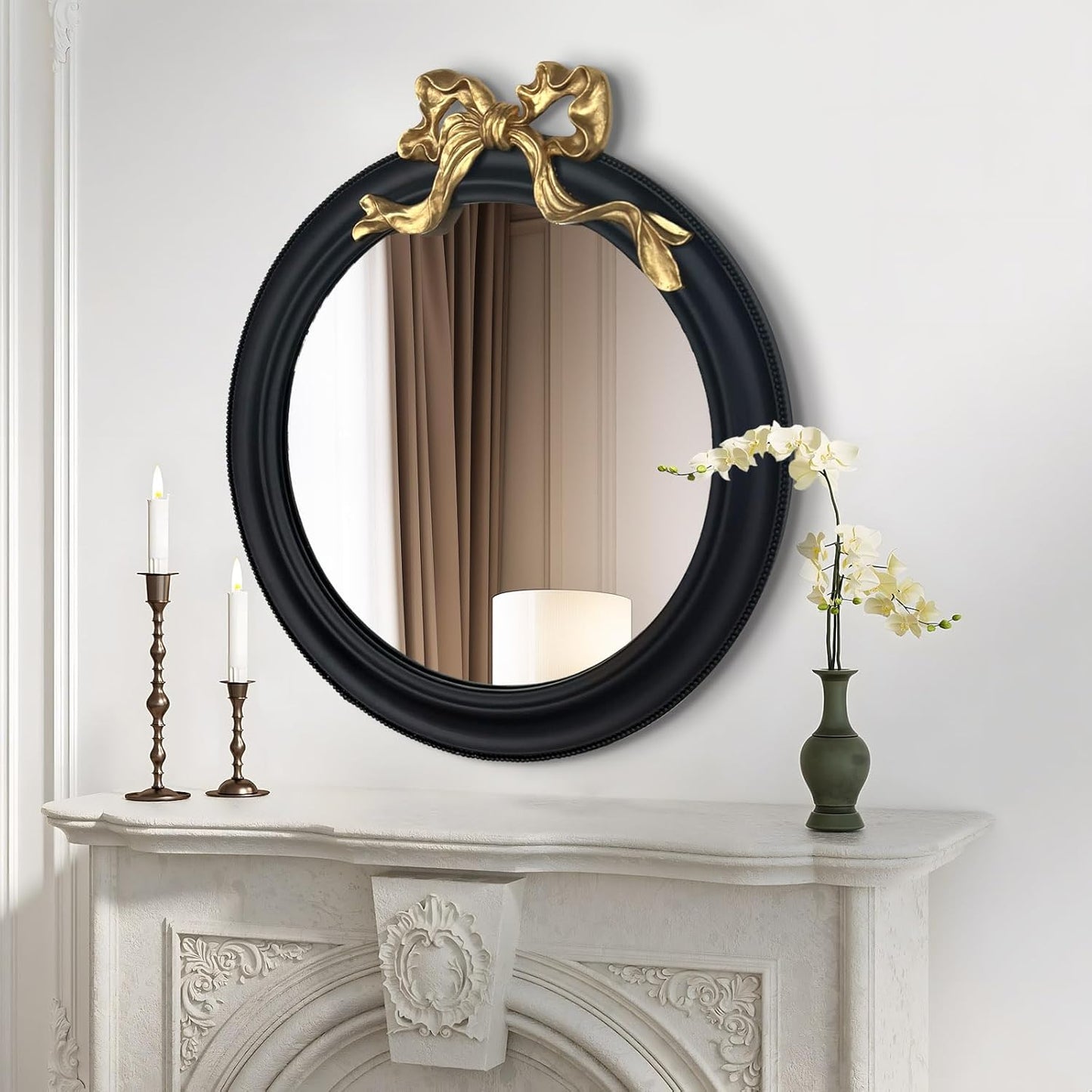 25x25 inch Bow Antique Round Mirror for Wall, Gold & Black Decorative Wall-Mounted Circle Mirror, Perfect for Bedroom, Hallway, Living Room Décor, and Bathroom Vanity
