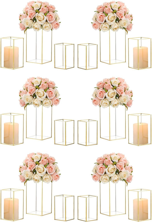 Hewory Glass Hurricane Candle Holder Set of 18, Gold Large Hurricane Centerpiece for Table, Tall Floor Square Pillar Candle Holders Lantern Set for Wedding, Anniversary, Party, Fireplace, Dining Room