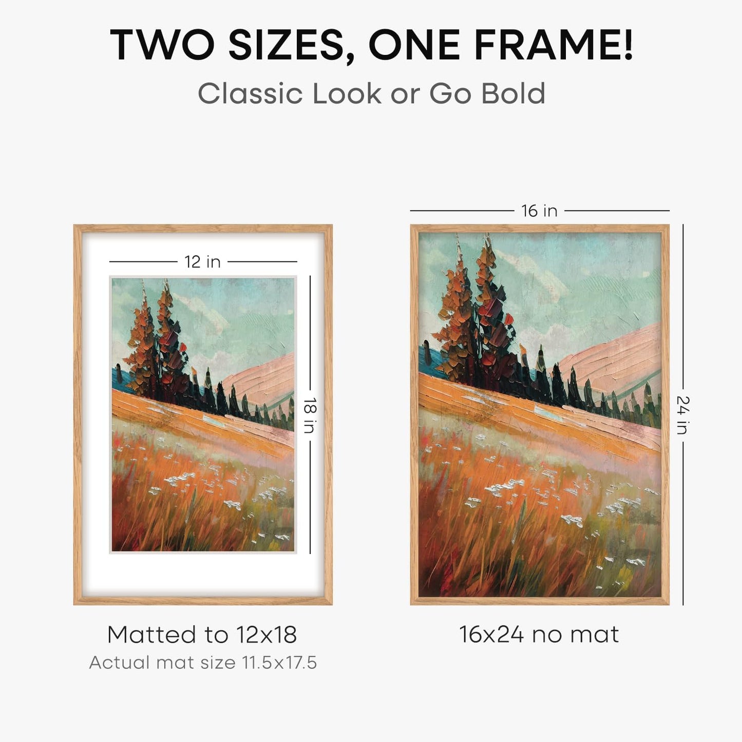 Homeforia Picture 16x24 Wood Frame, High End Natural Oak 16x24 Light Wooden Poster Frame with Mat 12x18, 16 x 24 Frames Matted to 12 x 18 Photo, 24x16 Hanging Frame, Tempered Glass, Wall Kit, Set of 1