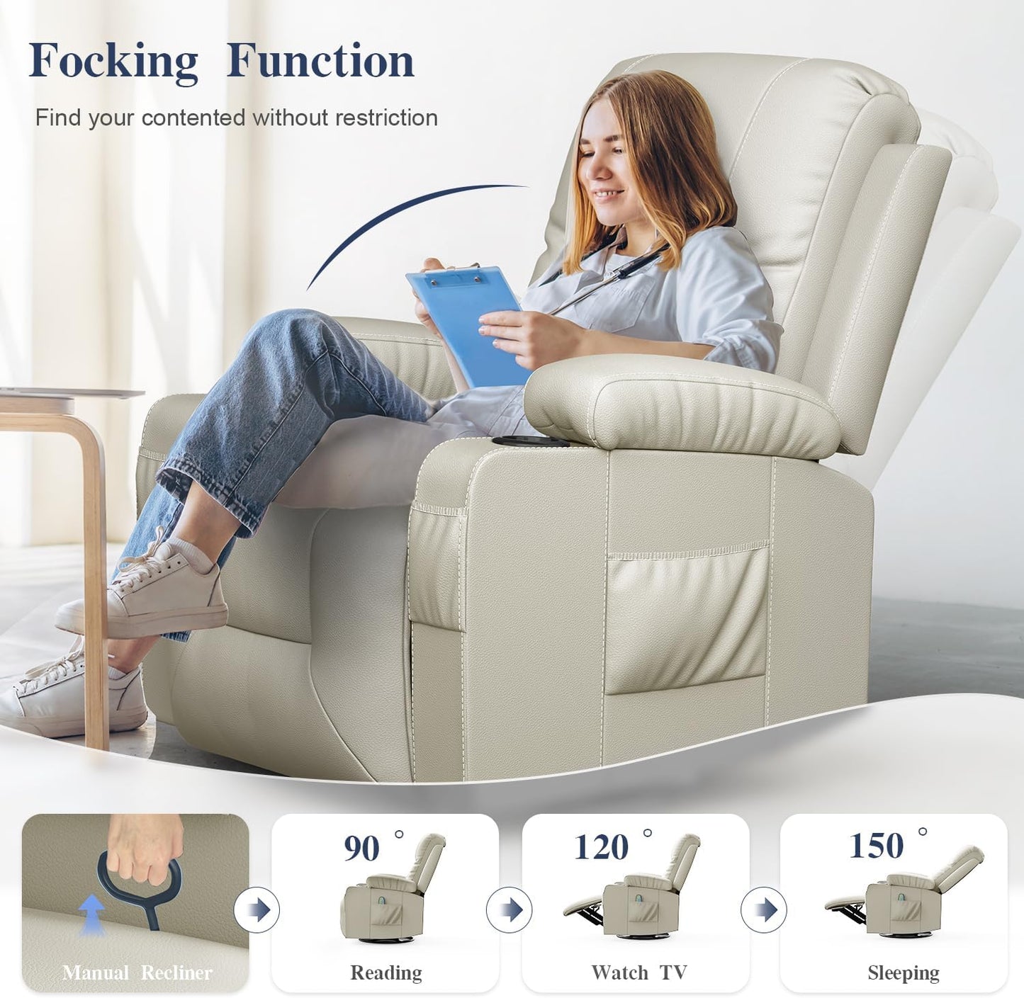 Recliner Chairs for Adults, Massage Rocker with Heated Modern Ergonomic Lounge 360 Degree Swivel Single Sofa Seat Living Room Lounge Recliners Ivory White