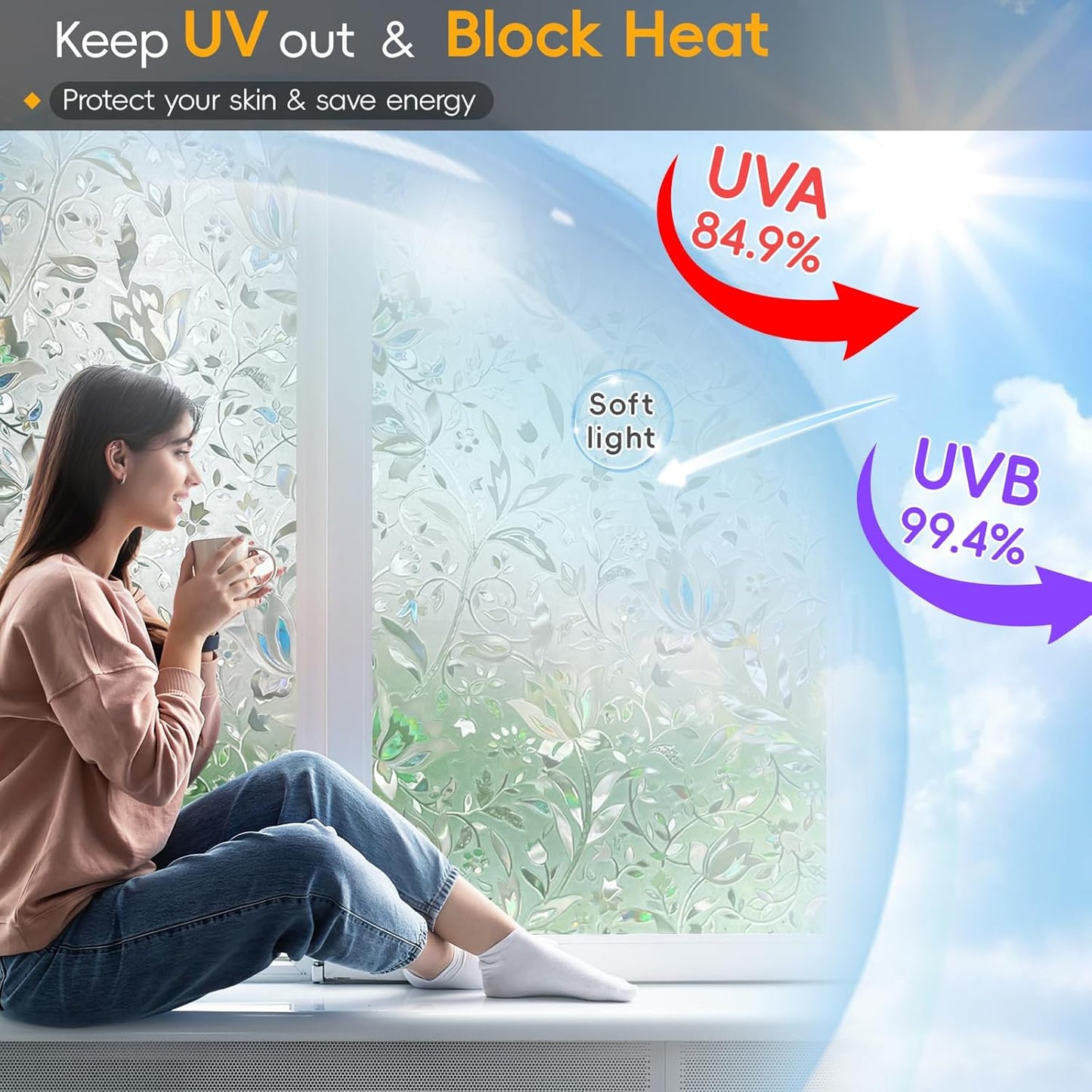 Rainbow Window Privacy Film Decorative, Stained Glass Window Tint for Home, 3D Decals Window Clings for Glass Windows, Static Cling Window Sticker, Suncatcher Window Cover,23.6" by 157.4"