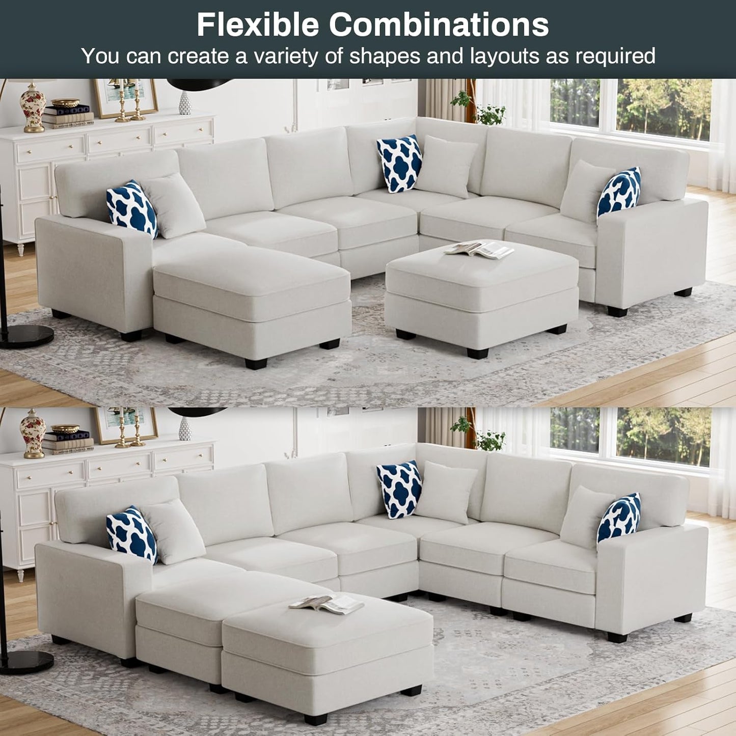 L Lengend Vansen Modular Sectional Sofa U Shaped Couch with Ottoman Modern Reversible Corner Sectional Couch for Living Room (Cream, U Shaped Sofa-3)