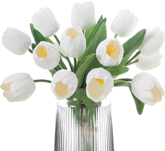 White Artificial Tulips, 2 Bundles 14Pcs, Fake Tulips Artificial Flowers, 2 x 2.4 Inch Large Flower Head Big Tulip, Easter Valentine's Day Mother's Day Home Decoration Flowers