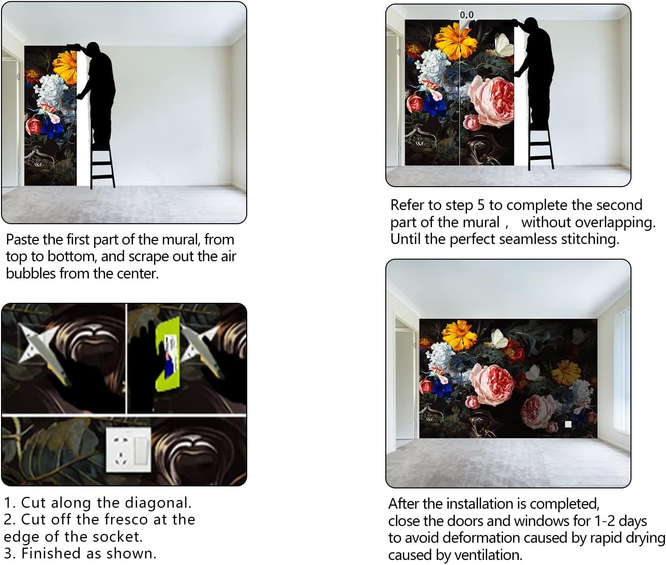 Vintage Black Flowers Mural Bedroom Peony Floral Wallpaper Room Decor Living Room tv Background Large Wall Mural - 183"x120" (Not Peel and Stick)