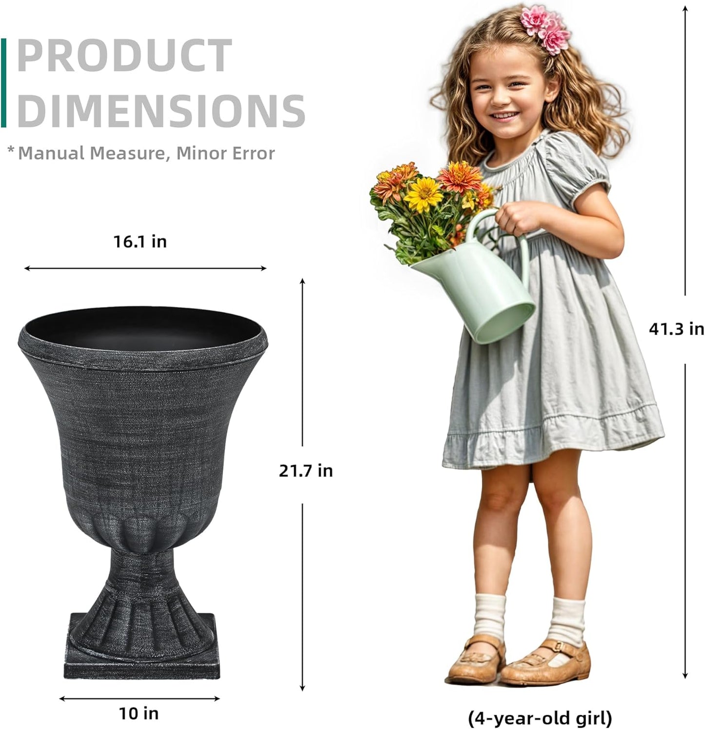 22" Large Urn Planters for Outdoor Plants, Set of 2 Plastic Flower Pot with Handmade Washed Black Finish, Weather-Resistant for Porch, Garden, Patio or Indoor Use