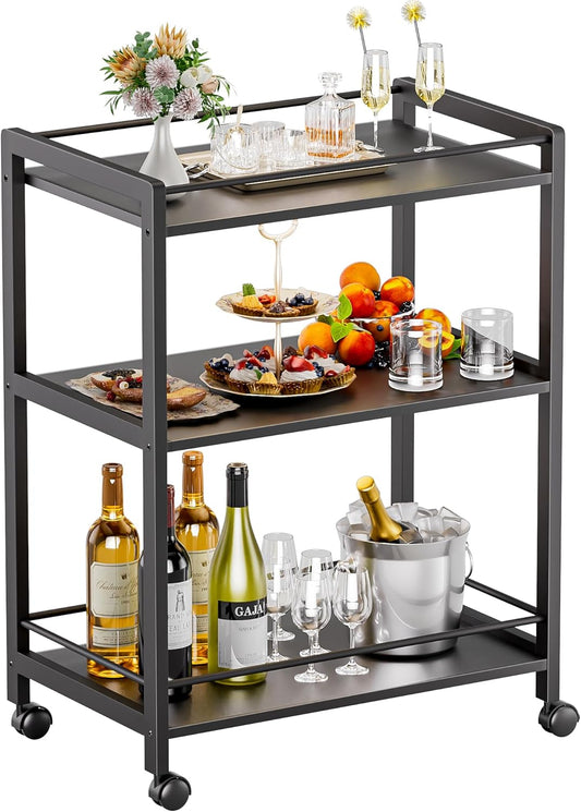 HITNET Bar Cart Black, Serving Cart for Home, 3 Tier Drinks Cart with Wheels, Rolling Beverage Cart for Kitchen Dining Living Room