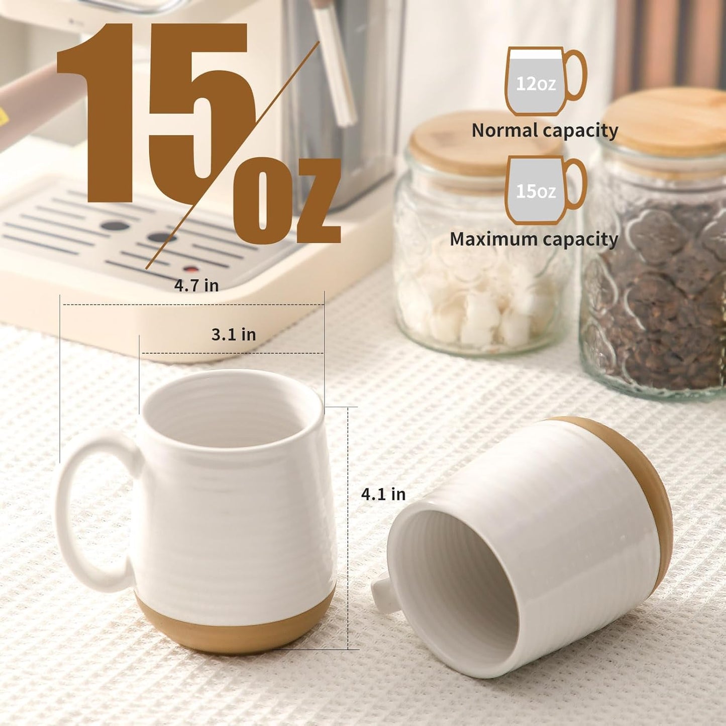 Large Ceramic Coffee Mugs Set - 15 OZ Porcelain Coffee Latte Cups Set of 4 with Handle Perfect for Cappuccino, Tea, Mocha, Hot or Cold Drinks, Unique Glaze Design for Home, Cafe and Coffee Bar, White