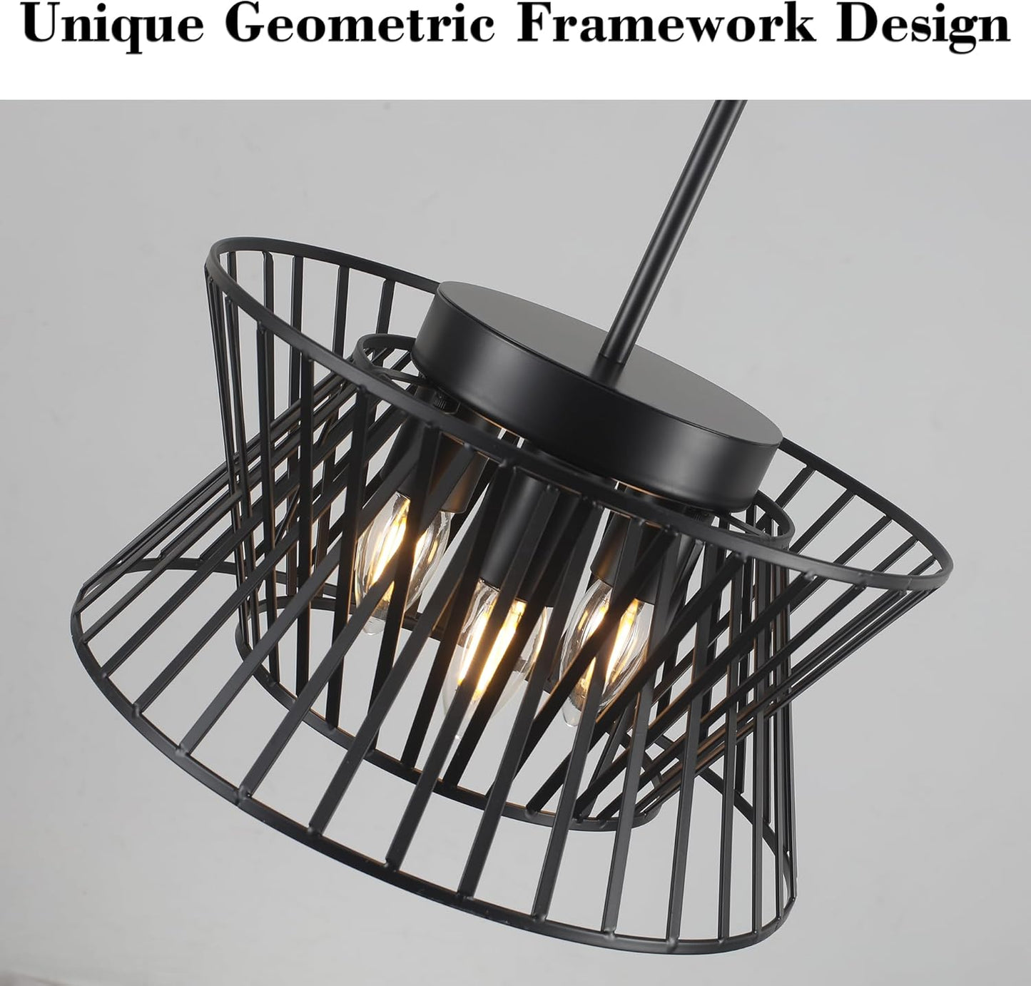 3-Lights Black Pendant Light Vintage Geometric Chandelier Light Fixture Adjustable Metal Lighting Fixtures for Kitchen Room Dining Room Foyer