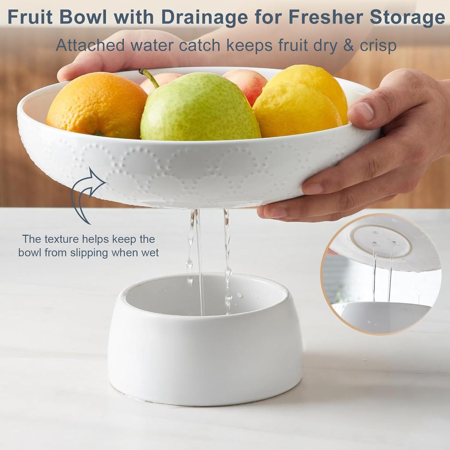 ONEMORE Ceramic Fruit Bowl, 10" Large White Removable Pedestal Bowl for Kitchen Counter, Modern Footed Fruit Bowl with Draining Holes, Decorative Fruit Bowls for Vegetables, Snacks, Candies