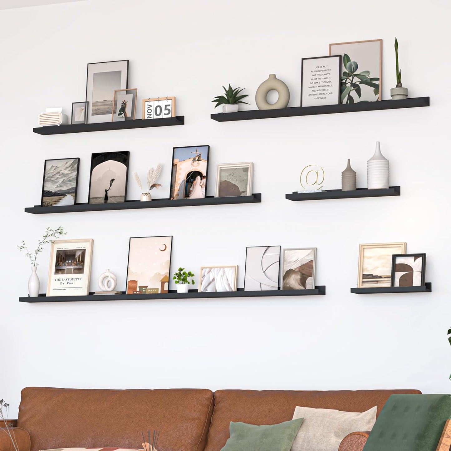 Heimlove Picture Ledge Shelf, Floating Shelves Set of 2, 56 Inches Picture Shelf for Wall with Ledge, Kids Bookshelf Wall Mounted for Living Room Bedroom Decor Books Photo Frames, Black