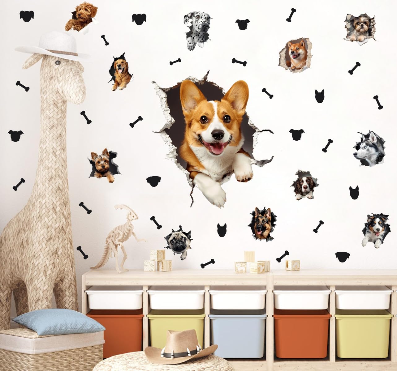 Large 3D Dogs Wall Stickers,Lovely Pet Dog with Bone Vinyl Wall Decals, Removable Dog Crack Hole Wall Art for Dogs Lover Bedroom Playroom Pet Shop Decor