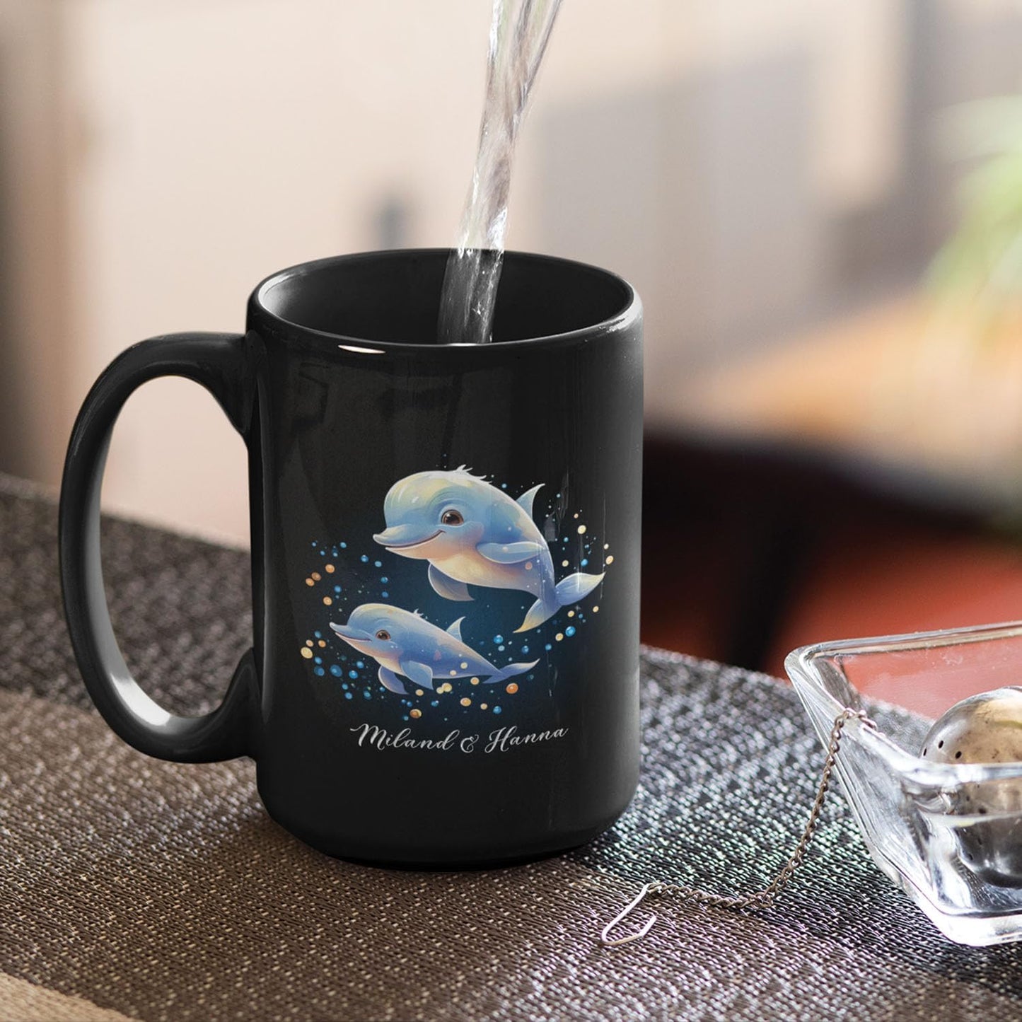 Custom Name Xmas Animal Cup, Cute Dolphins Swimming Design Mug 11oz 15oz, Customized Christmas Dolphins Black Cup, Personalized Animal Lover Coffee Mug, Gift For Newlyweds, Close Friend