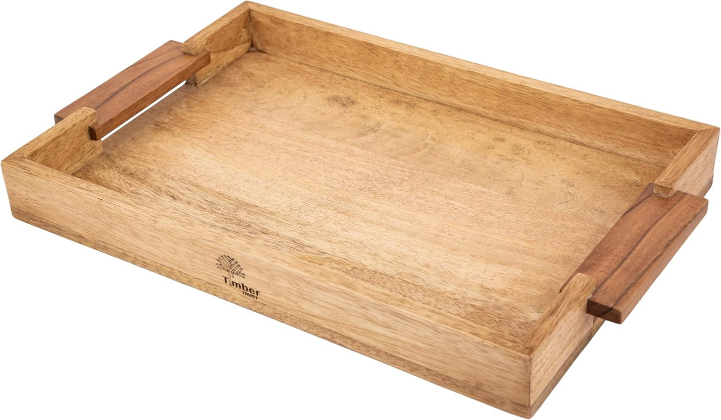 Mango Acacia Wood Serving Trays with Handles – Set of 2 Large Decorative Wooden Trays for Breakfast in Bed, Dinner, Snacks, Coffee Table, Ottoman, Couch & Patio Party – (16x10x1.75 & 8x12x1.75) Inches