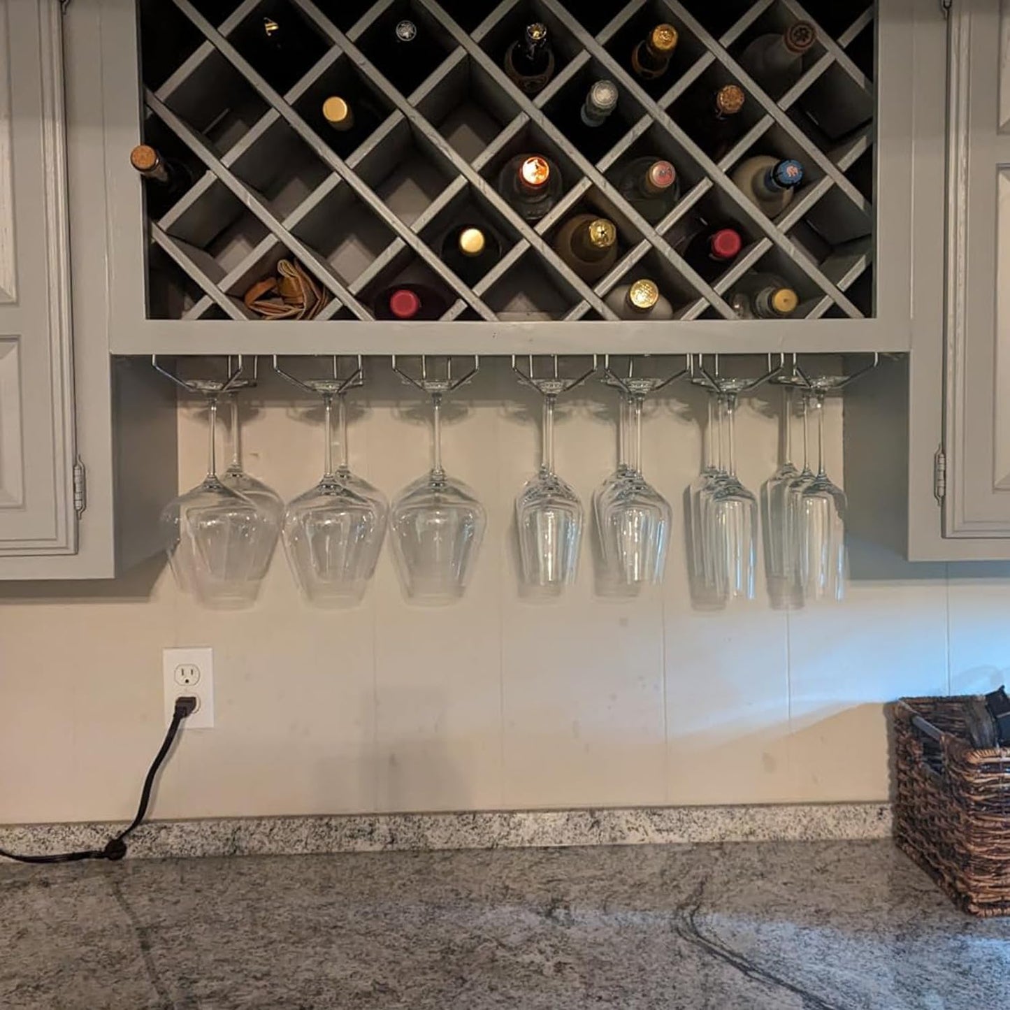 10.8 Inch Wine Glass Rack, Under Cabinet Wine Glass Holder, Wine Glass Hangers Under Shelf, Chrome Finish Stemware Rack, Hanging Stemware Holder for Cabinet Kitchen Bar, Set of 2