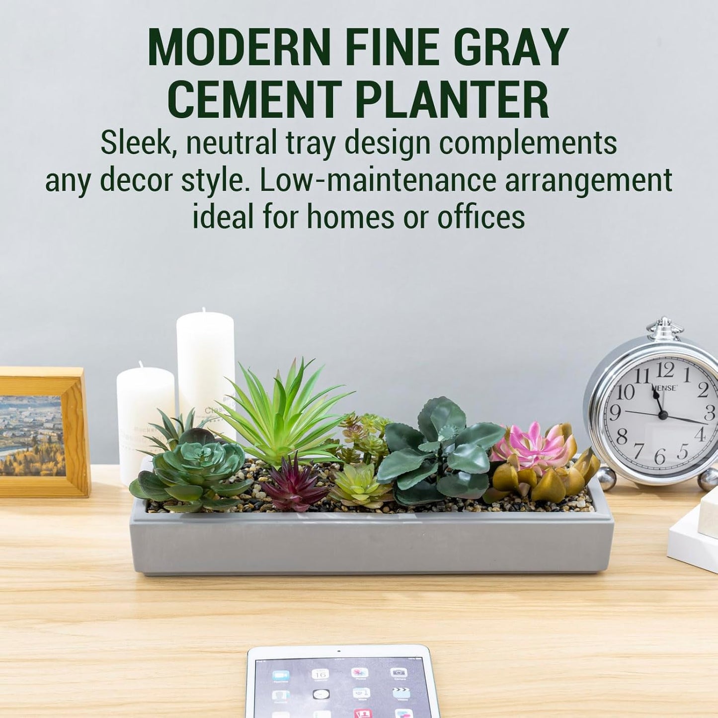 MyGift 15 Inch Mixed Color Assorted Artificial Succulent Plant Arrangement in Modern Gray Clay Planter Tray