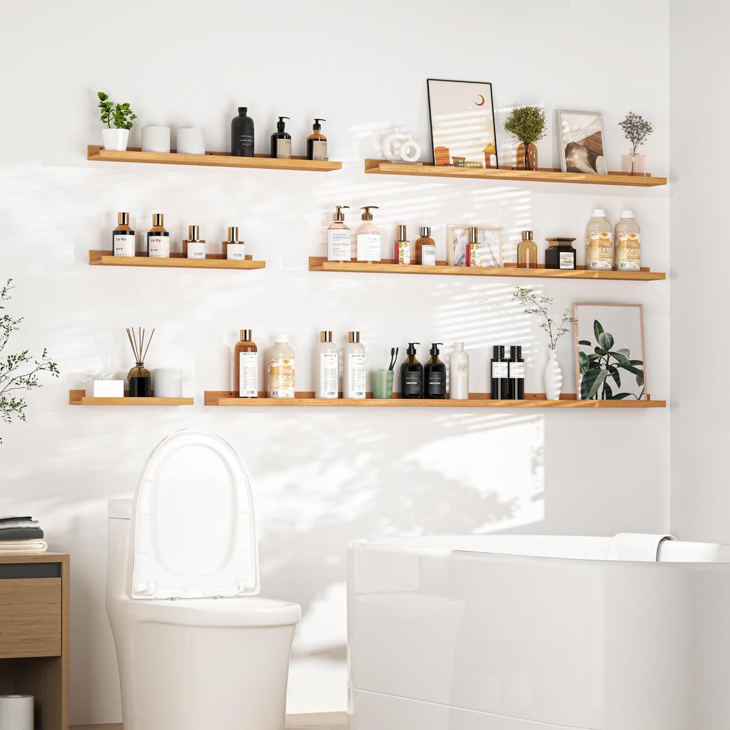 Heimlove Picture Ledge Shelf, Small Floating Shelves Set of 2, 16 Inches Picture Shelf for Wall with Ledge, Kids Bookshelf Wall Mounted for Living Room Bedroom Decor Books Photo Frames, Oak