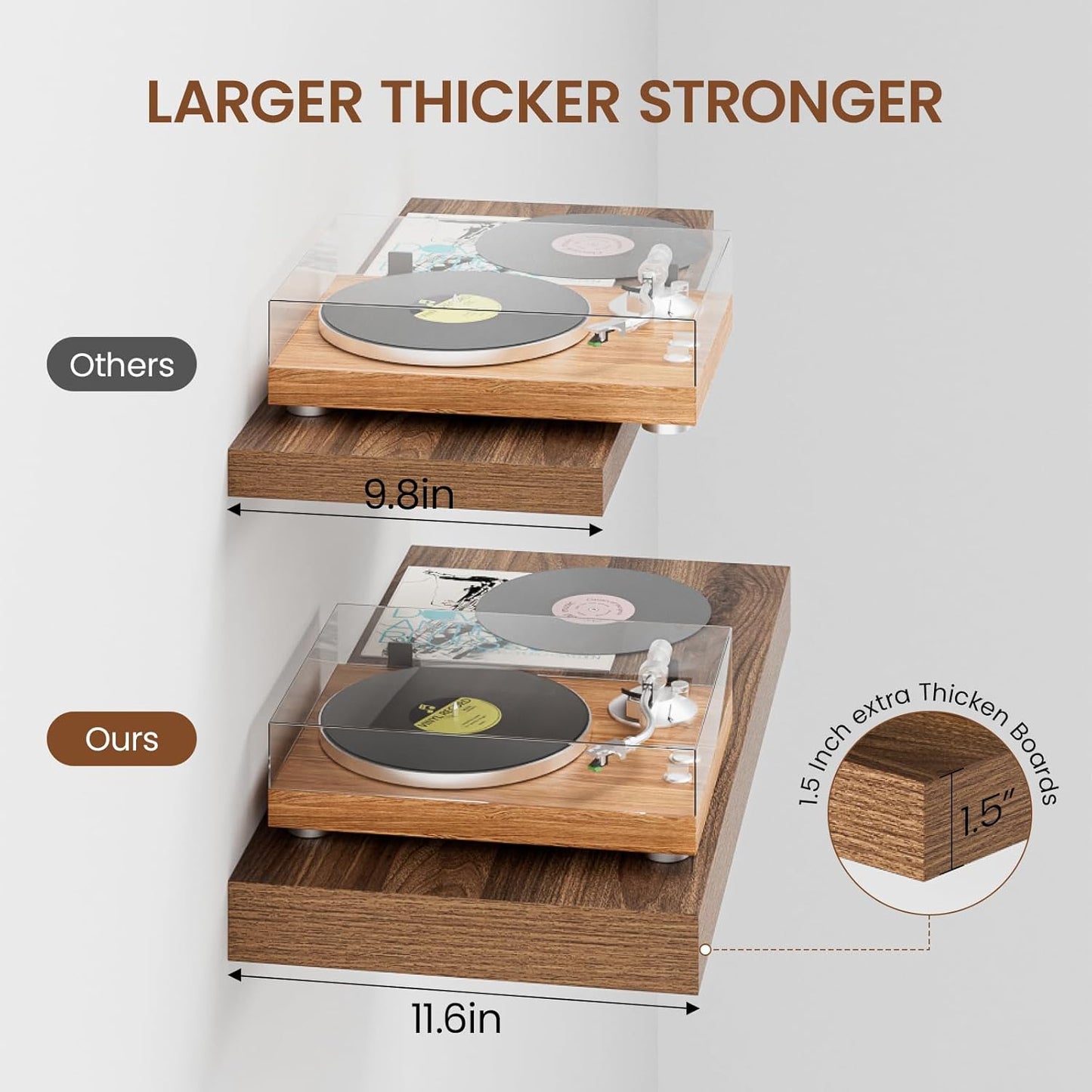 Heimlove 12" Deep Walnut Floating Shelves for Wall, 24 Inch Wall Shelf Bathroom Shelves Set of 2, Wall Mounted Shelves for Books Living Room Laundry Room Bedroom Kitchen Home Office