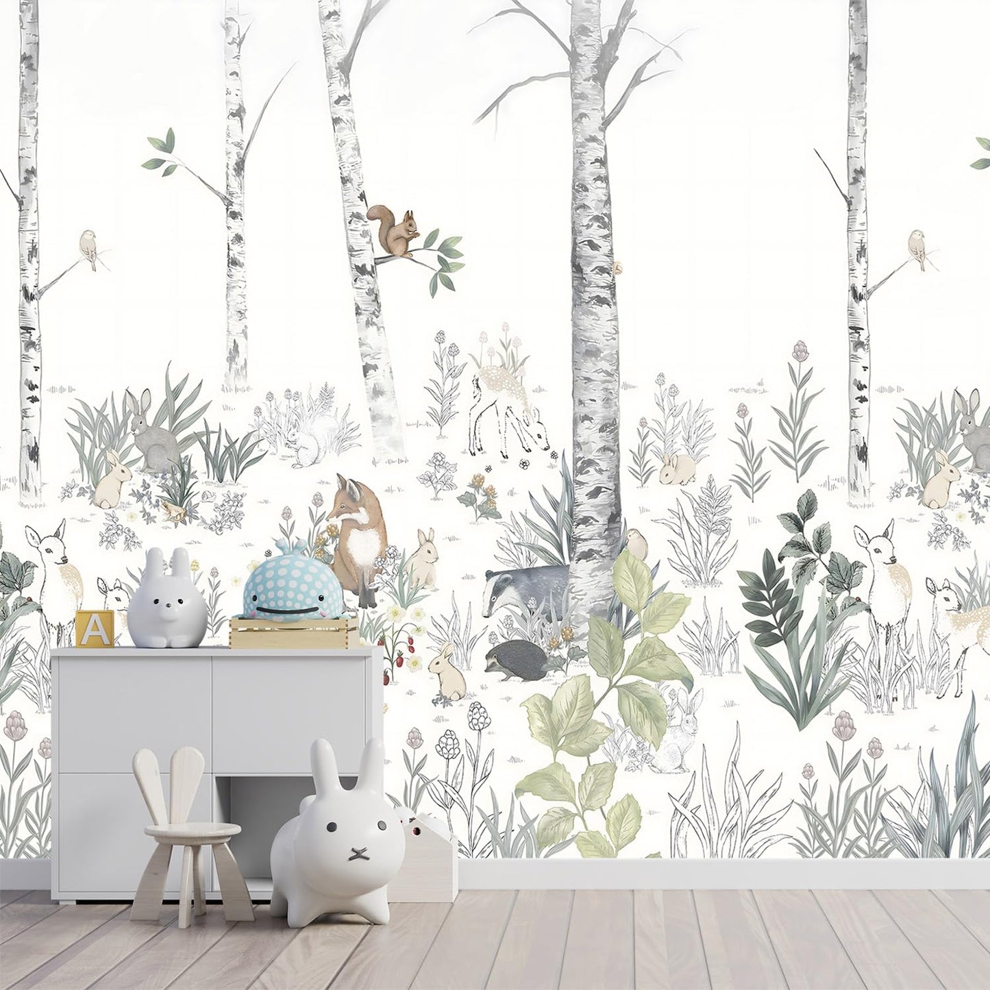 -Nursery Cartoon Woods Hand-Painted Animal Wallpaper Children's Room XT10 L 180" x 115"