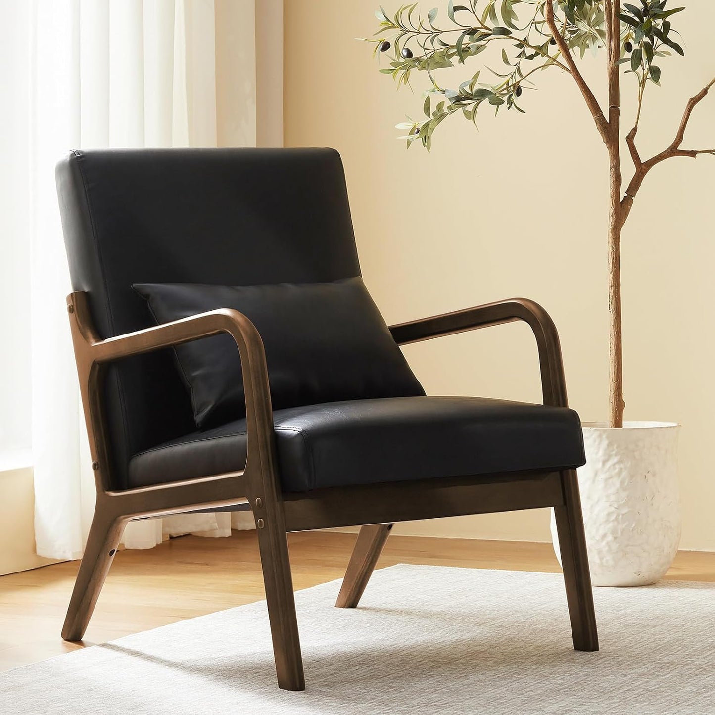 Accent Chair Mid Century Modern Armchair with Lumbar Support Pillow Wood Legs PU Leather Upholstered Lounge Chairs Comfy High Back Cushion for Living Room Bedroom