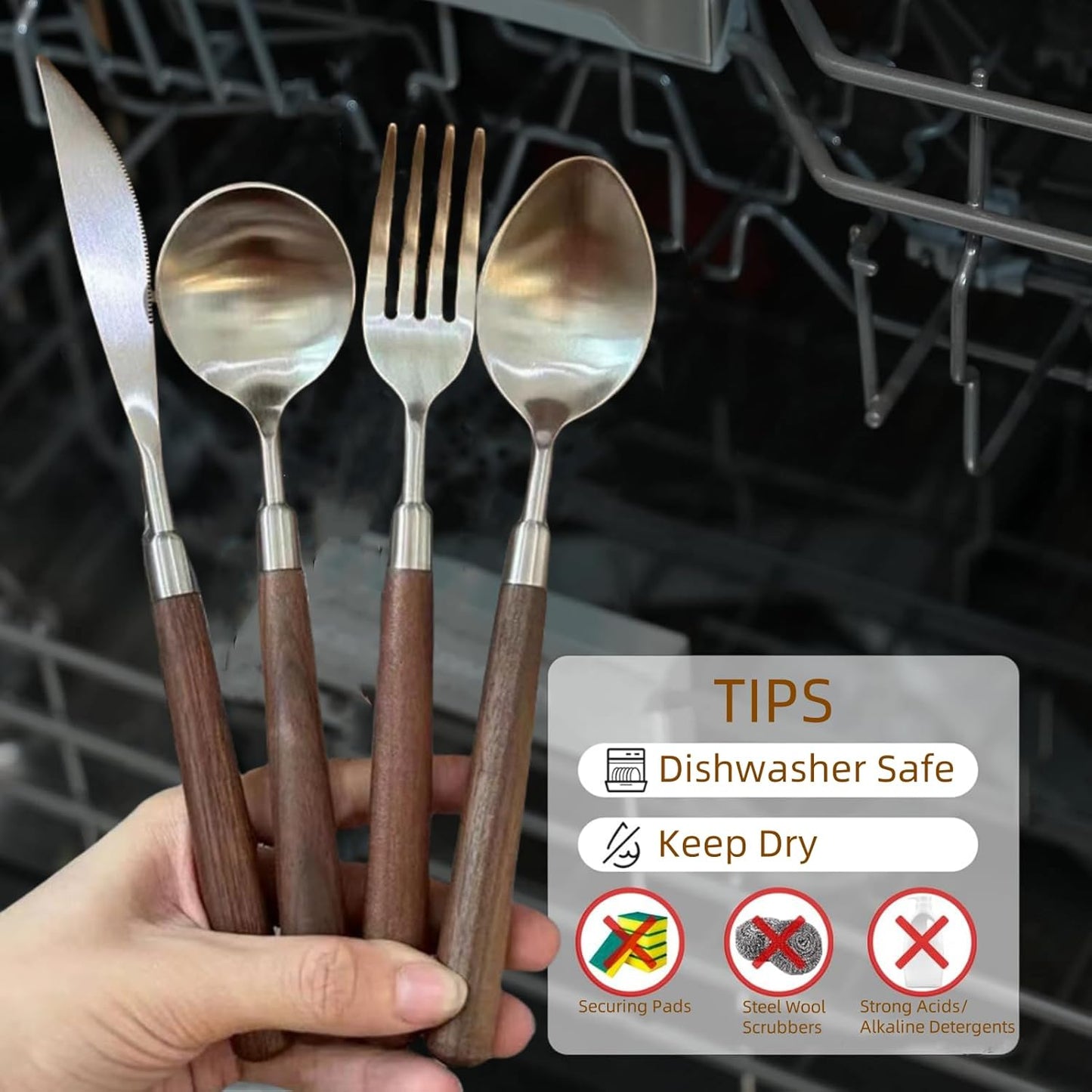 Silverware Set 16 Piece Flatware Cutlery Set Service for 4,18/10 Stainless Steel Forged Walnut Wooden Handle Matte Brushed Dishwasher Safe Premium Durable Utensil Sets for Home Kitchen Wedding