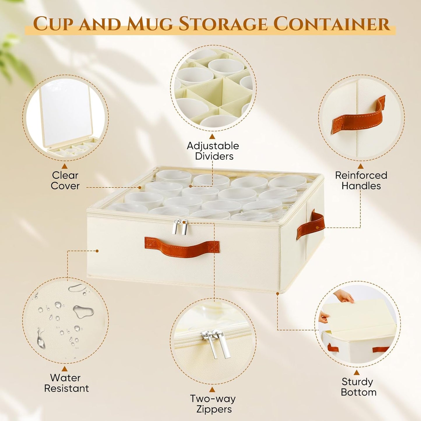 2 Pack Cup and Mug Storage Box with Dividers and Hard Shell, Stackable Coffee Cup Storage Organizer with Lid, Zipper, and Handles for Coffee Mugs, Cups, Glasses, Stemware Storage Containers for Moving