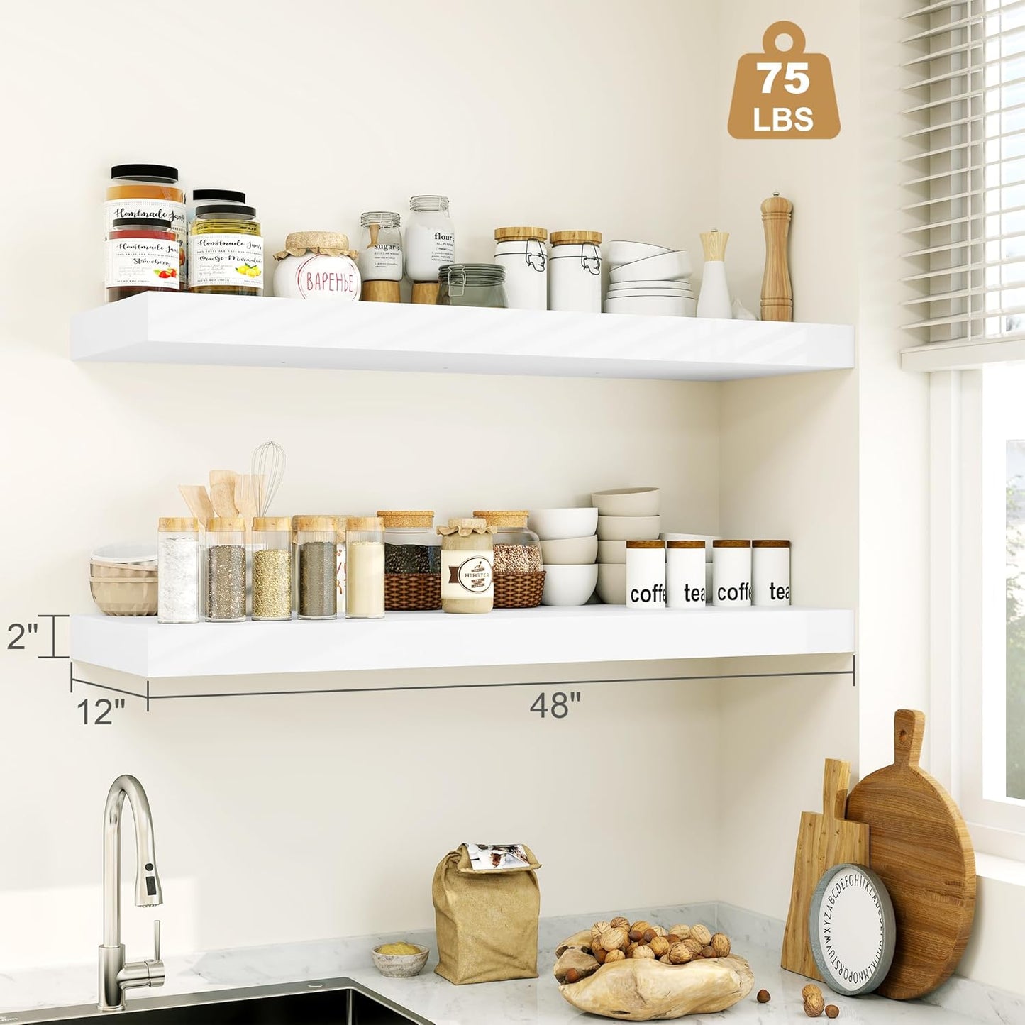 Heimlove White Bathroom Shelves Floating Shelves for Wall Shelf Over Toilet Long Wall Mounted Modern Farmhouse,48 x 12 Shelves with Invisible Brackets for Living Room, Kitchen, Bedroom