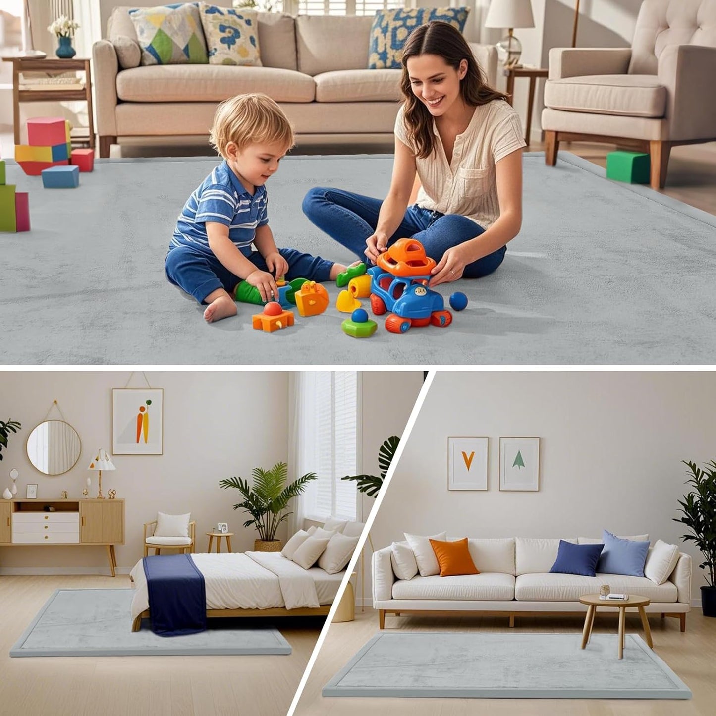 ACOMOPACK Baby Play Mat for Floor,1.3" Thick Memory Foam Area Rug for Living Room,Soft Velvet Crawling with Non-Slip Bottom for Kid,Toddler,71"×79" Tummy Time Nursery Rugs,Yoga（Light Grey）