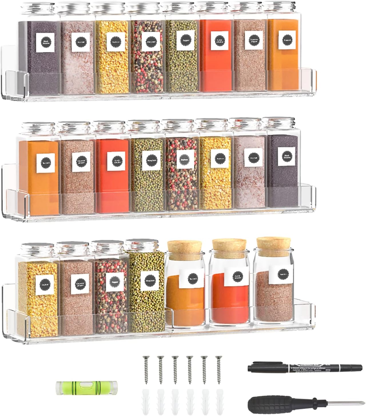 15 Inch Acrylic Spice Rack Wall Organizer Set of 3, Clear Acrylic Wall Shelf for Home Organizer, Floating Shelf for Bottle Display, Jars, Spice, Wine, Books, Toiletries