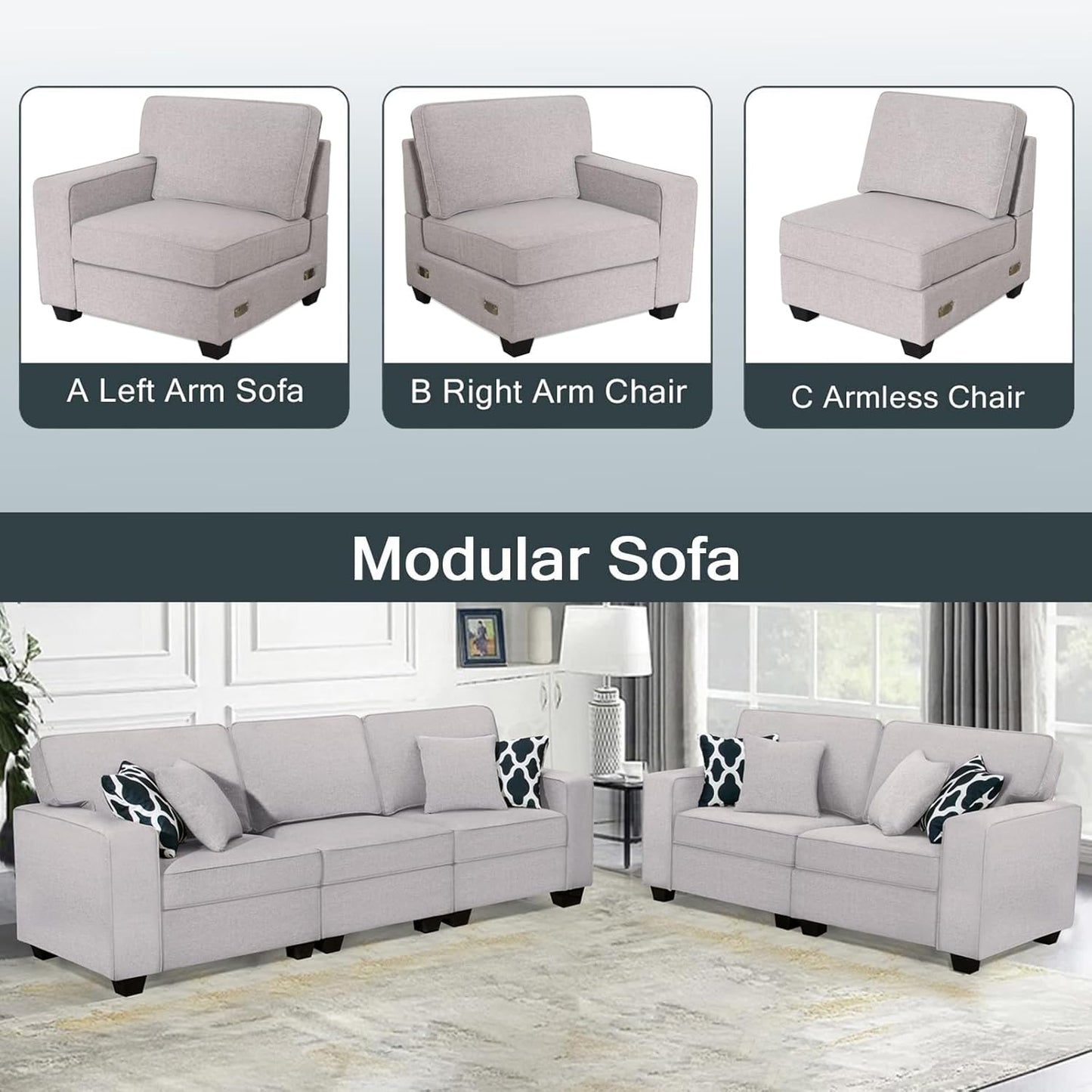 L Lengend Vansen Modular Sectional Sofa U Shaped Couch with Ottoman Modern Reversible Corner Sectional Couch for Living Room (Light Grey, 2+3)