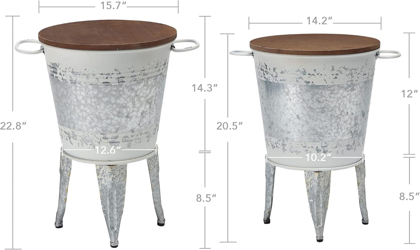 Rustic Storage Farmhouse Accent Side Table, Antique Galvanized Metal End Coffee Cocktail Table Box Bin with Round Wooden Lid Set of 2 (Distressed White)