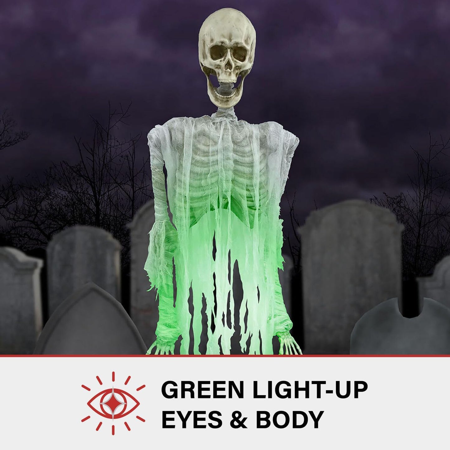 Haunted Hill Farm Motion Activated Floating Skeleton Ghost Over Tombstone by Tekky, Battery Operated Halloween Animatronic for Indoor or Covered Outdoor Creepy Halloween Decorations, Halloween Props